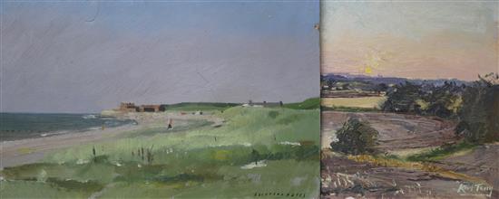 Clifford Hatts, oil on board, coastal landscape, signed, 25 x 36cm and a landscape by Karl Terry, both unframed